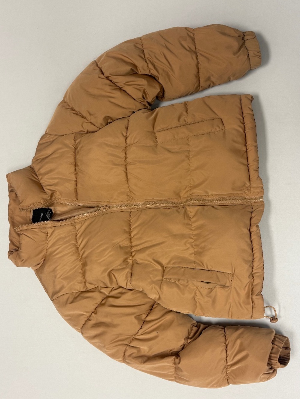 Forever 21 Cropped Hooded Puffer Jacket Womens Tan Camel Quilted